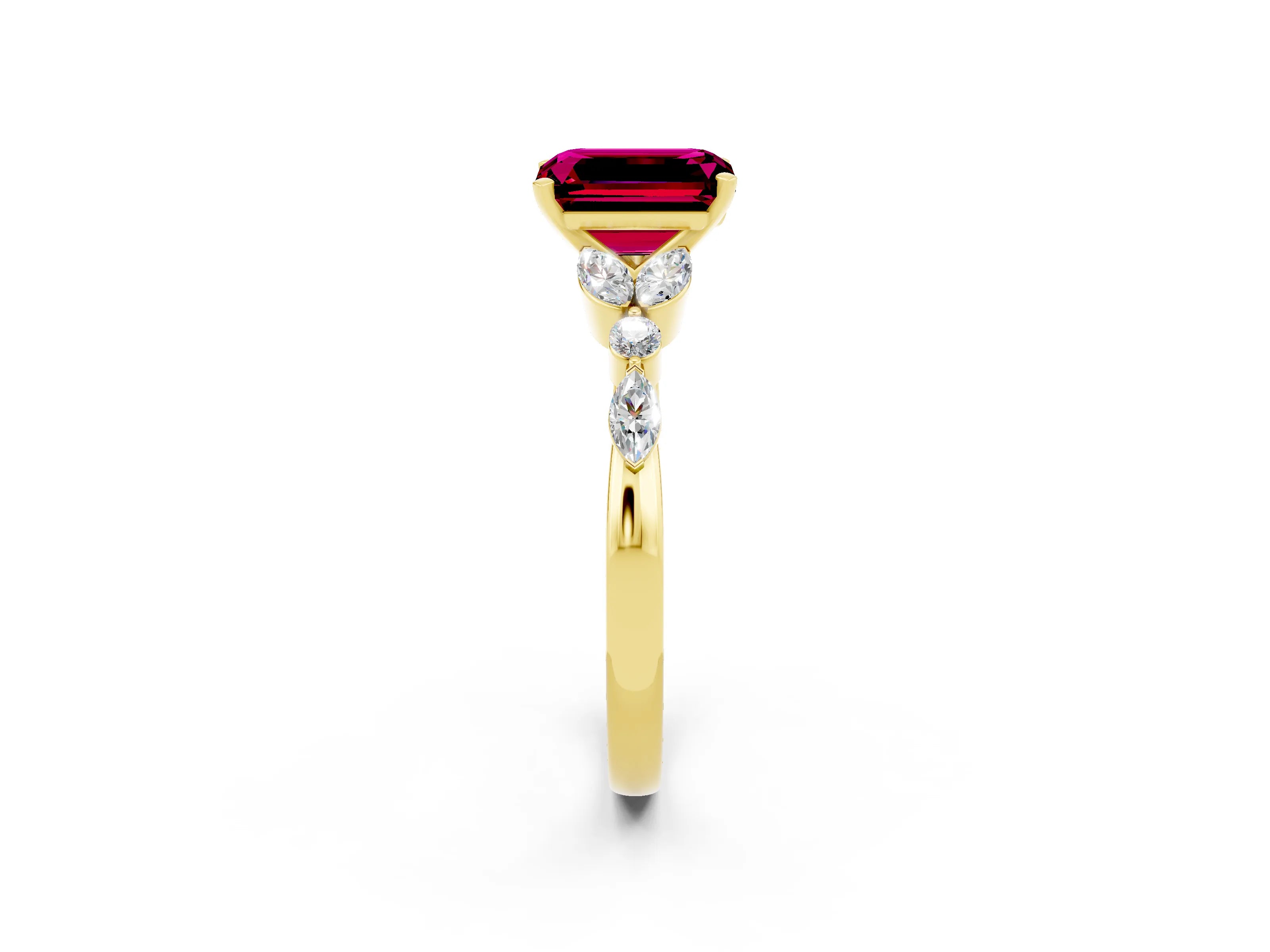 Yellow gold Emerald Cut Garnet Solitaire Ring with Side Stones and Four-Prong Setting_14