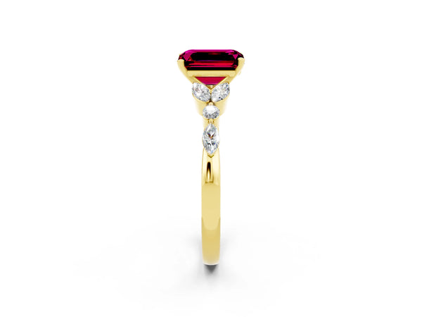 Yellow gold Emerald Cut Garnet Solitaire Ring with Side Stones and Four-Prong Setting