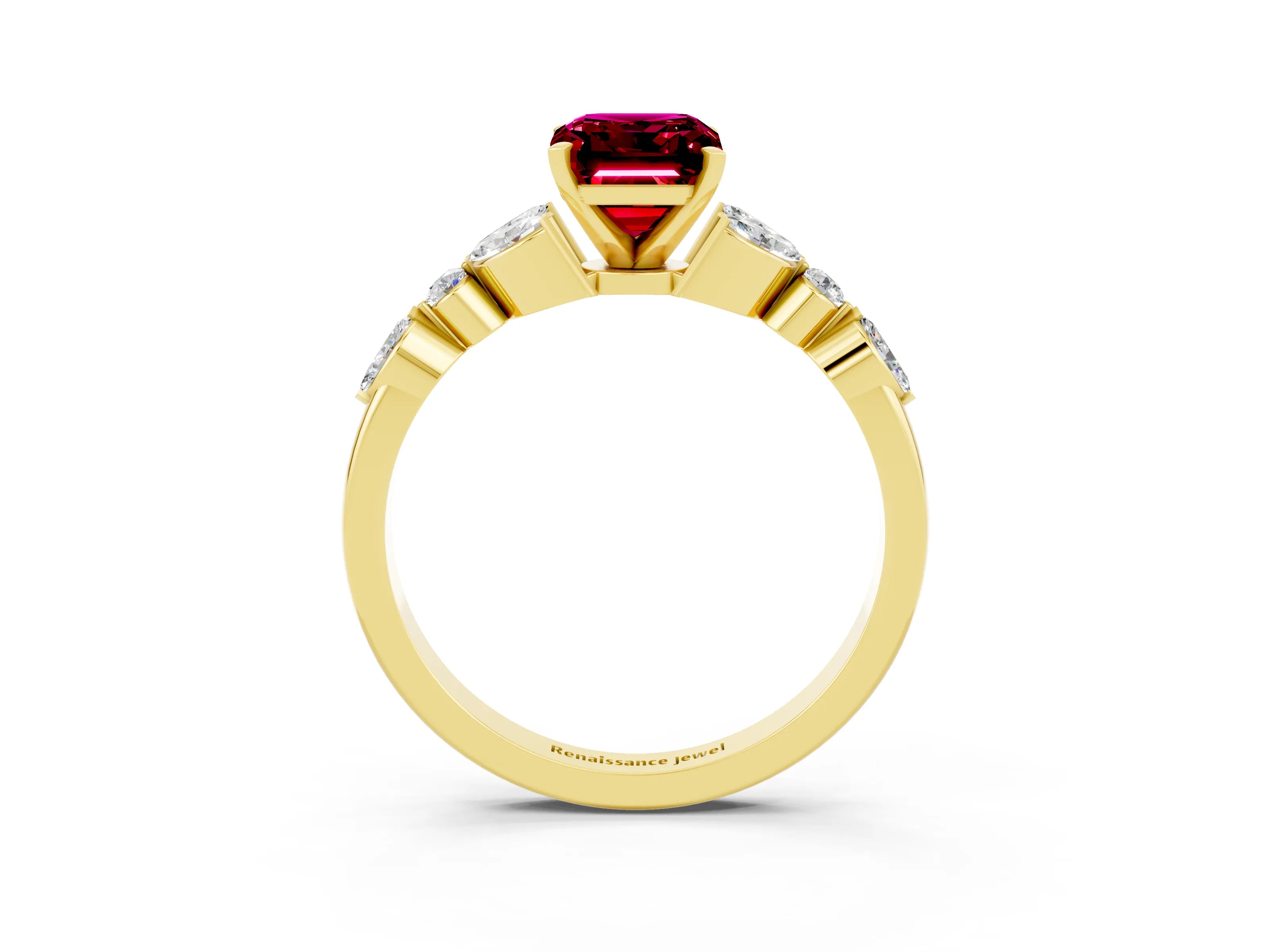 Yellow gold Emerald Cut Garnet Solitaire Ring with Side Stones and Four-Prong Setting_15
