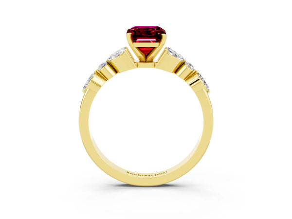 Yellow gold Emerald Cut Garnet Solitaire Ring with Side Stones and Four-Prong Setting