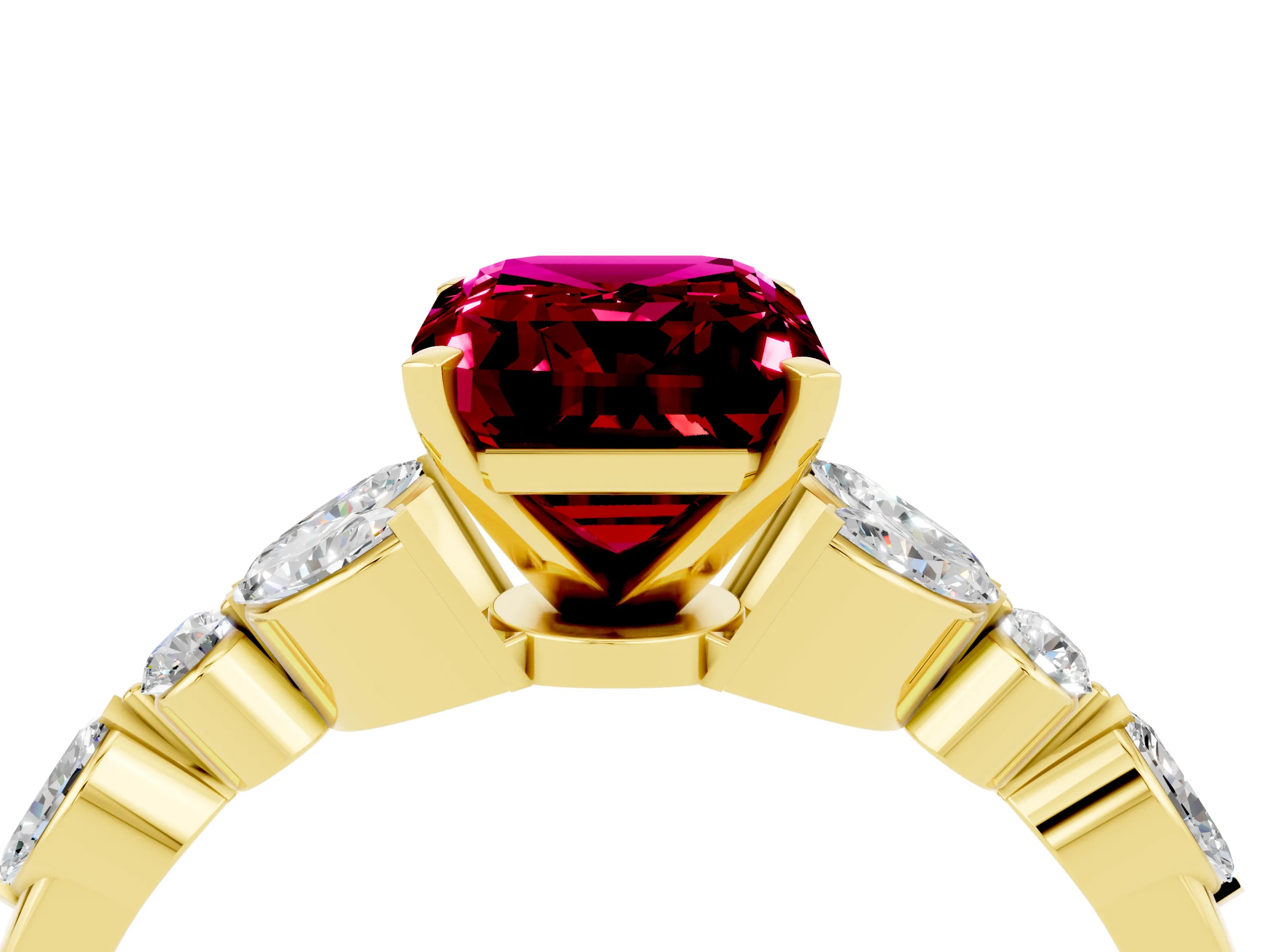 Yellow gold Emerald Cut Garnet Solitaire Ring with Side Stones and Four-Prong Setting_16
