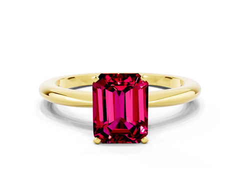 Yellow gold Emerald Cut Garnet Solitaire Ring with Six-Prong Setting and Classic Band