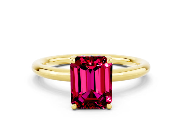 Yellow gold Emerald Cut Garnet Solitaire Ring with Thin Band and Four-Prong Setting