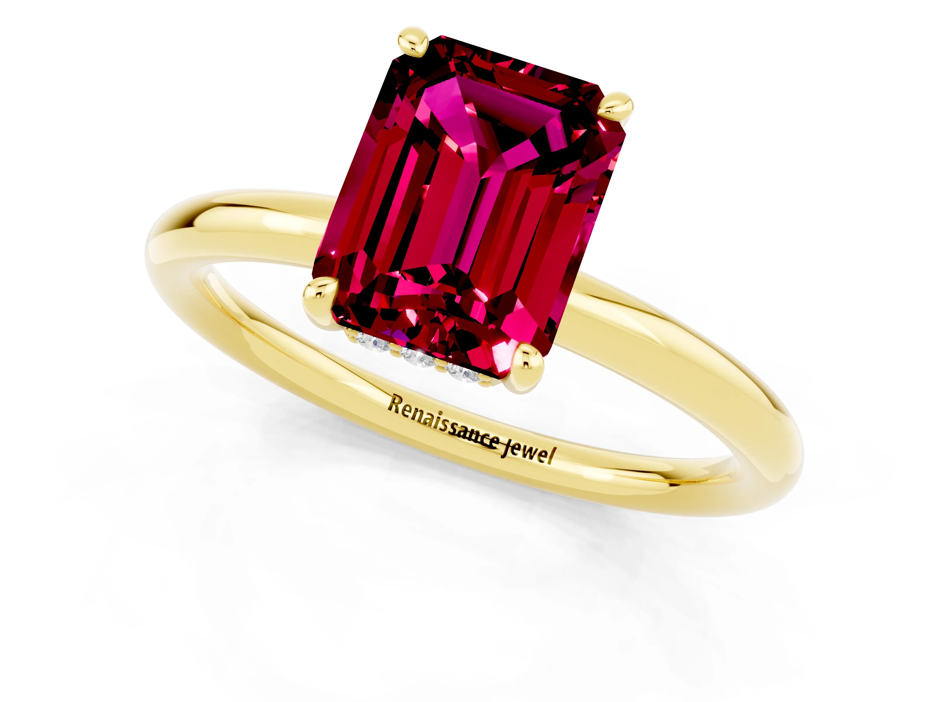 Yellow gold Emerald Cut Garnet Solitaire Ring with Thin Band and Four-Prong Setting_13