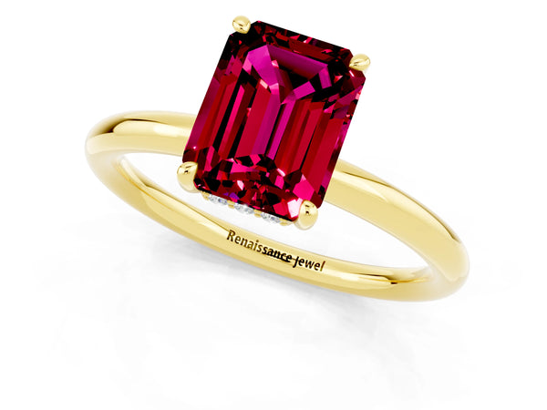 Yellow gold Emerald Cut Garnet Solitaire Ring with Thin Band and Four-Prong Setting