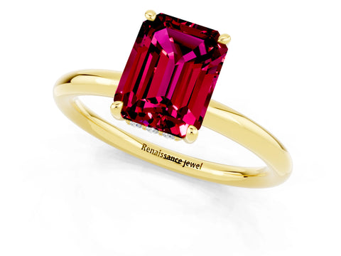 Yellow gold Emerald Cut Garnet Solitaire Ring with Thin Band and Four-Prong Setting_13