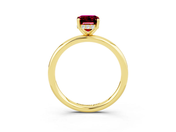 Yellow gold Emerald Cut Garnet Solitaire Ring with Thin Band and Four-Prong Setting