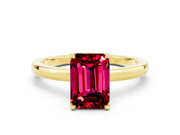 Yellow gold Emerald Cut Garnet Solitaire Ring with Thin Band and Prong Setting