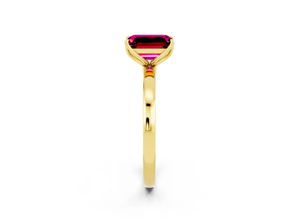 Yellow gold Emerald Cut Garnet Solitaire Ring with Thin Band and Prong Setting