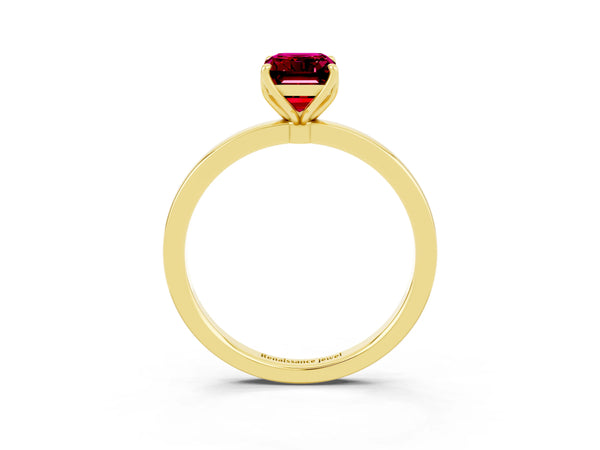 Yellow gold Emerald Cut Garnet Solitaire Ring with Thin Band and Prong Setting