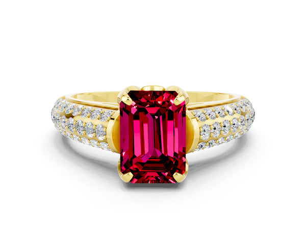 Yellow gold Emerald Cut Garnet Solitaire Ring with Three-Row Pavé Band and Four-Prong Setting