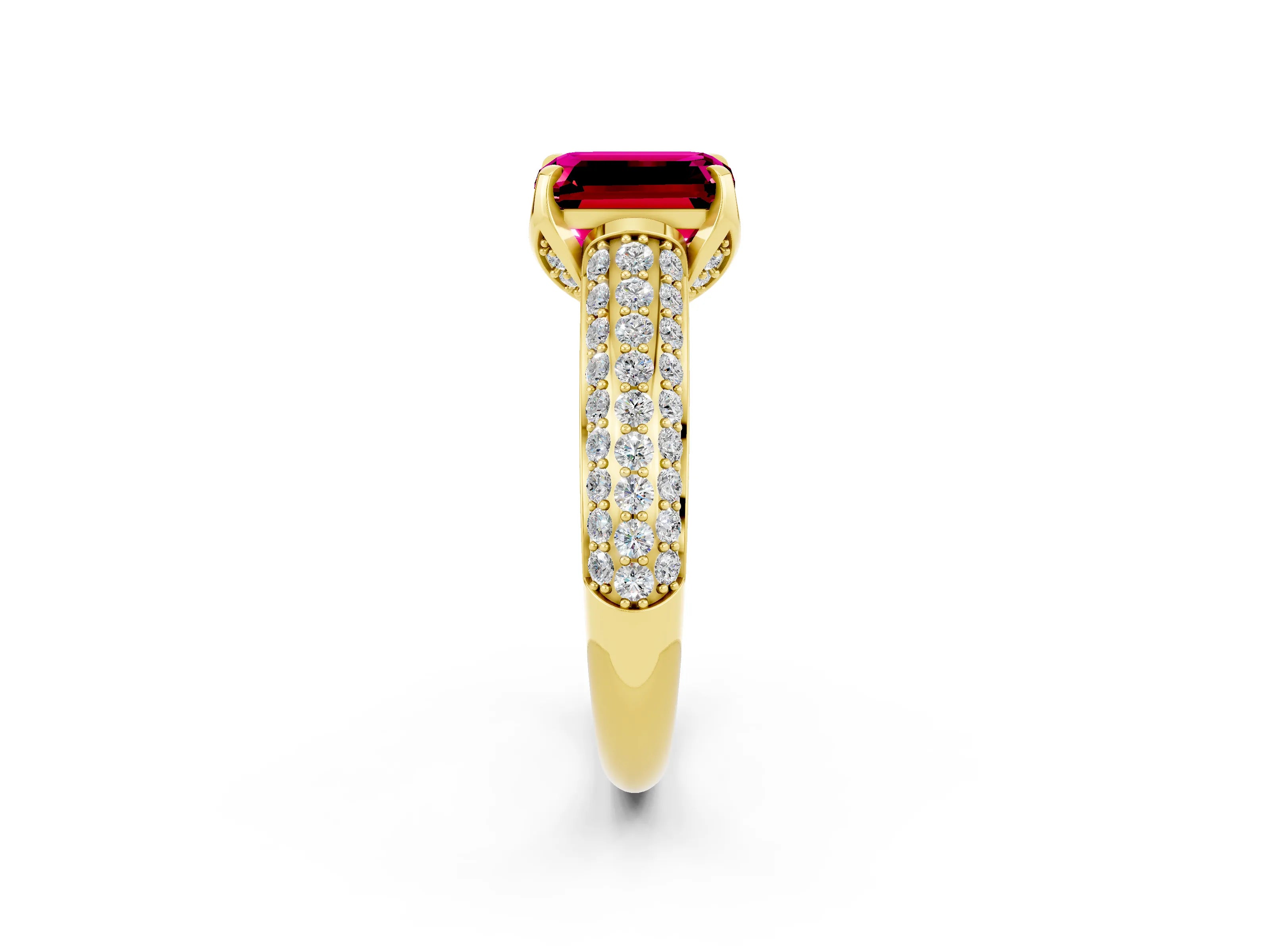 Yellow gold Emerald Cut Garnet Solitaire Ring with Three-Row Pavé Band and Four-Prong Setting_14