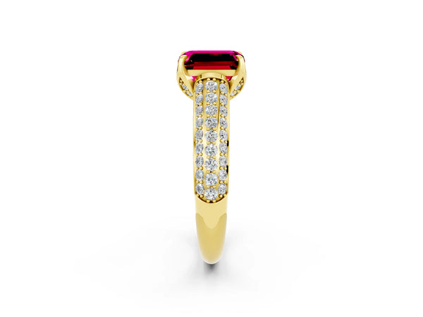 Yellow gold Emerald Cut Garnet Solitaire Ring with Three-Row Pavé Band and Four-Prong Setting