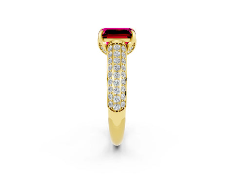 Yellow gold Emerald Cut Garnet Solitaire Ring with Three-Row Pavé Band and Four-Prong Setting_14