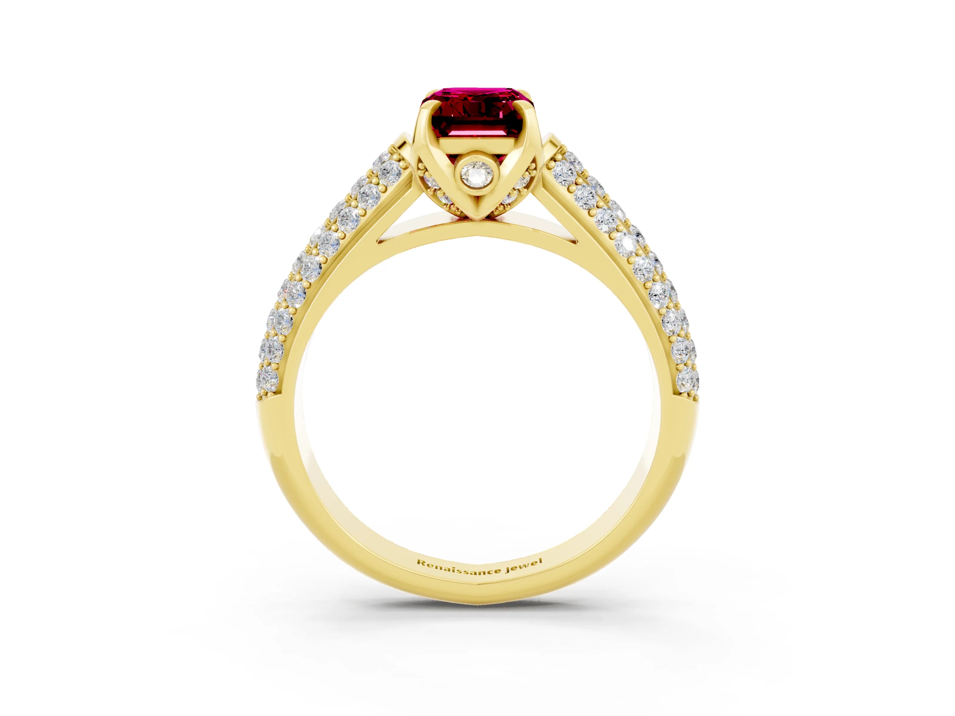 Yellow gold Emerald Cut Garnet Solitaire Ring with Three-Row Pavé Band and Four-Prong Setting_15