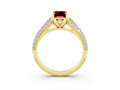 Yellow gold Emerald Cut Garnet Solitaire Ring with Three-Row Pavé Band and Four-Prong Setting_15