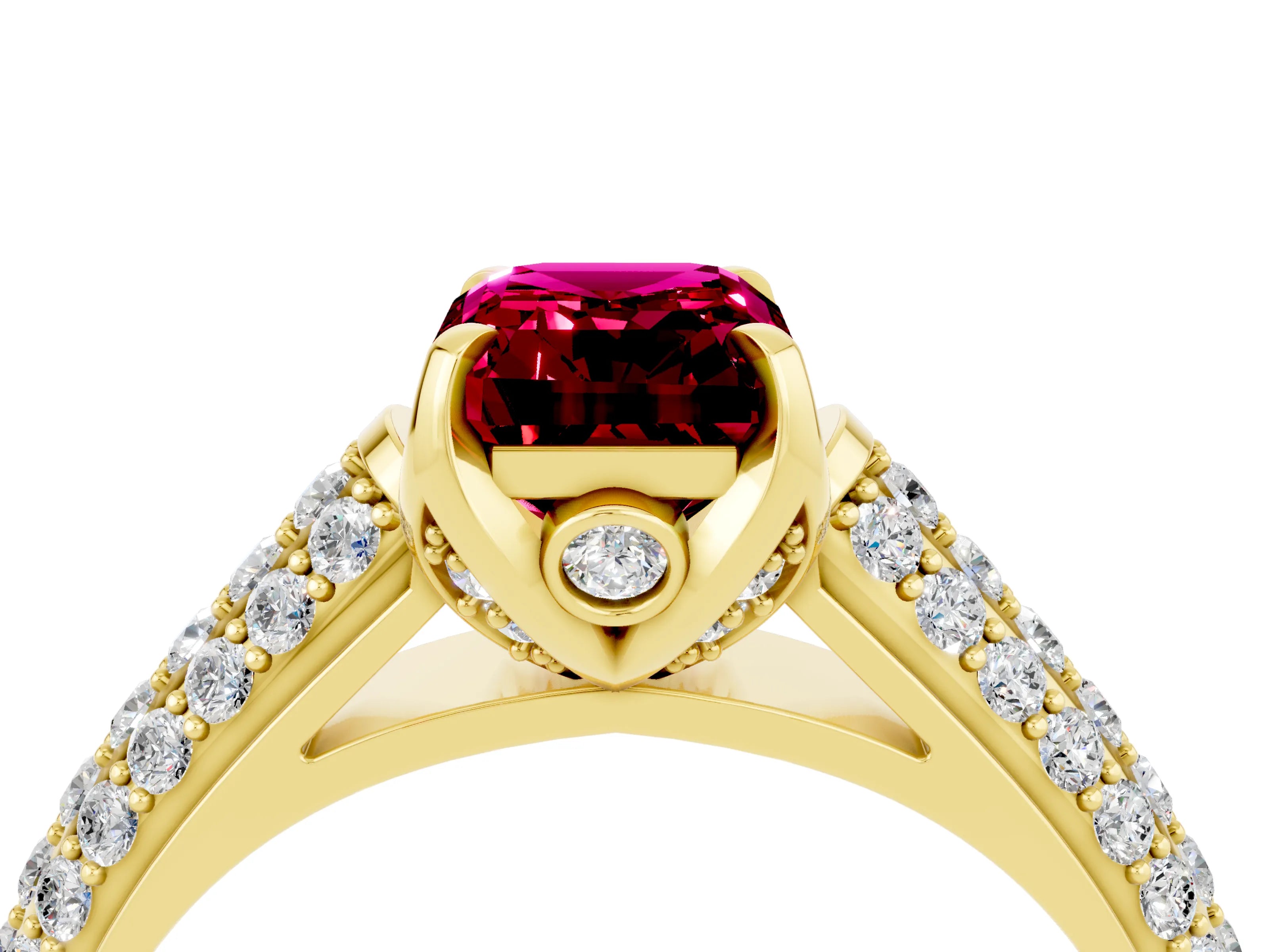 Yellow gold Emerald Cut Garnet Solitaire Ring with Three-Row Pavé Band and Four-Prong Setting_16