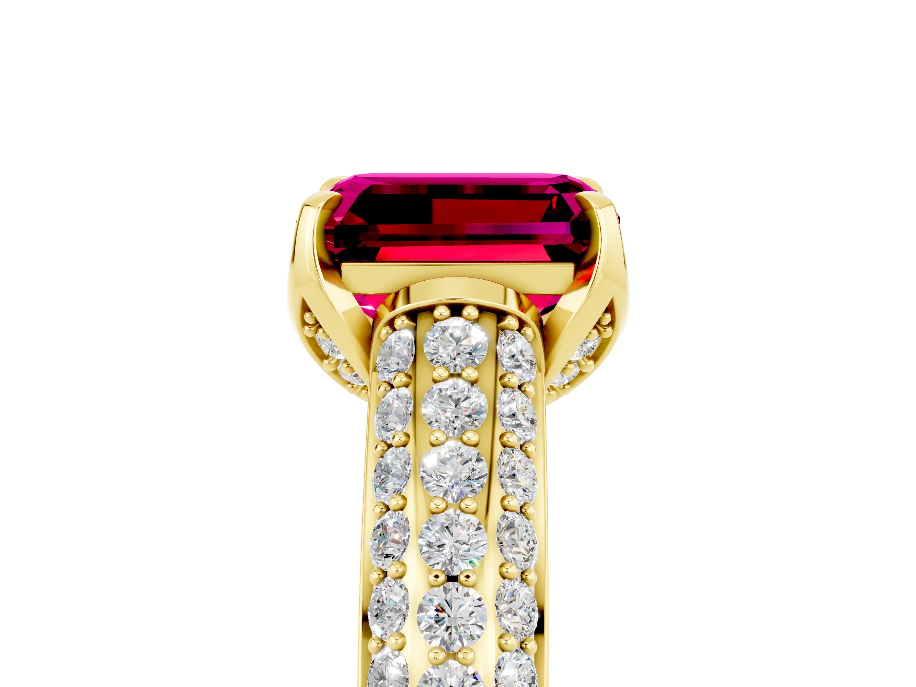 Yellow gold Emerald Cut Garnet Solitaire Ring with Three-Row Pavé Band and Four-Prong Setting_17