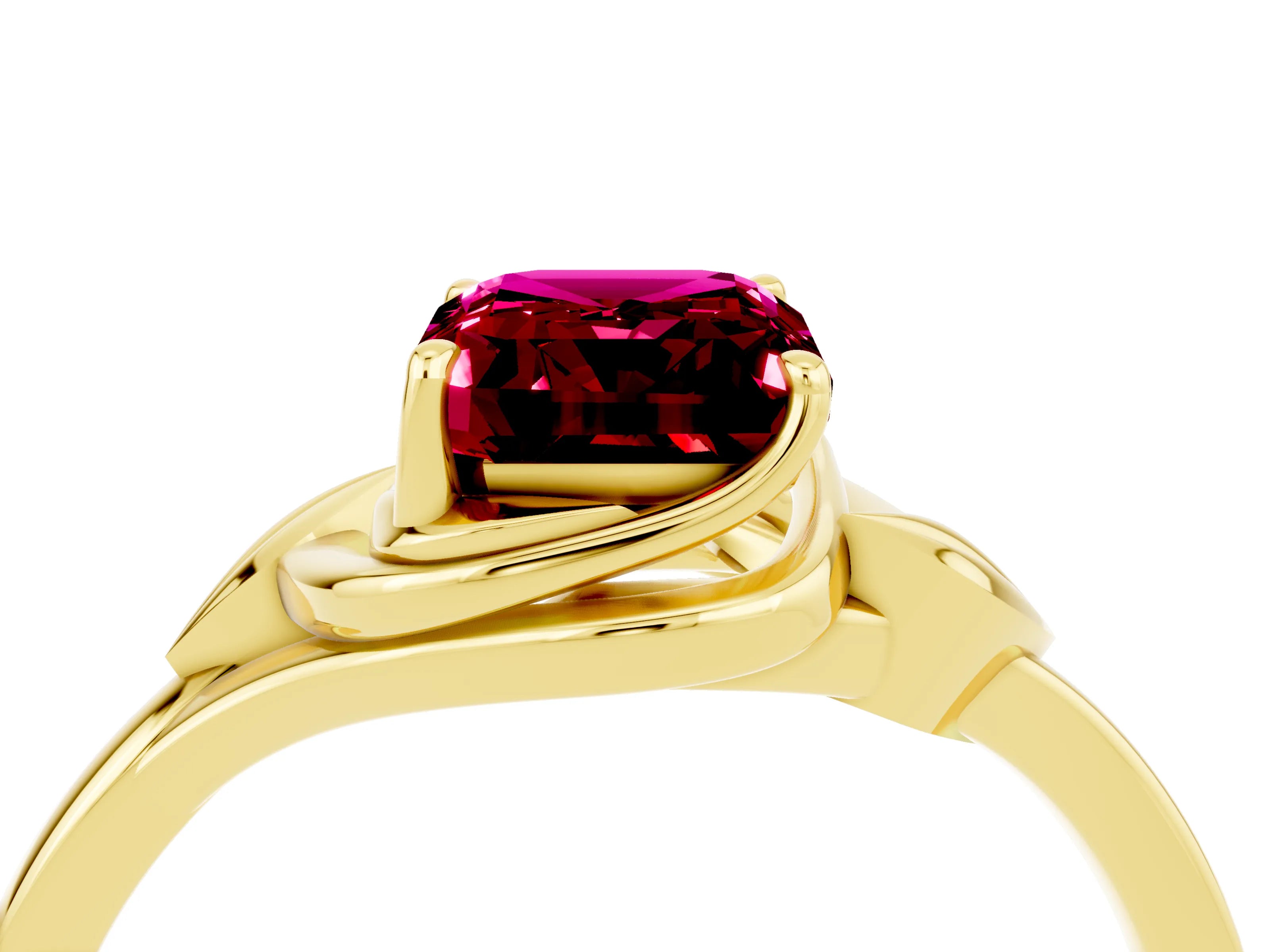 Yellow gold Emerald Cut Garnet Solitaire Ring with Twist Band and Four-Prong Setting_28