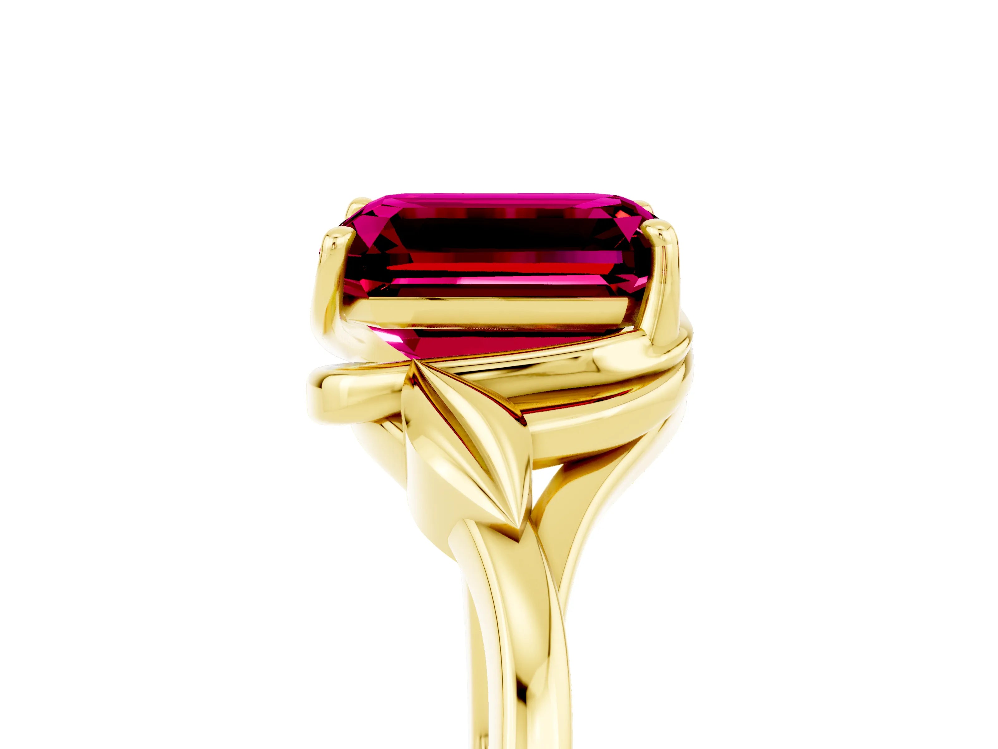 Yellow gold Emerald Cut Garnet Solitaire Ring with Twist Band and Four-Prong Setting_29
