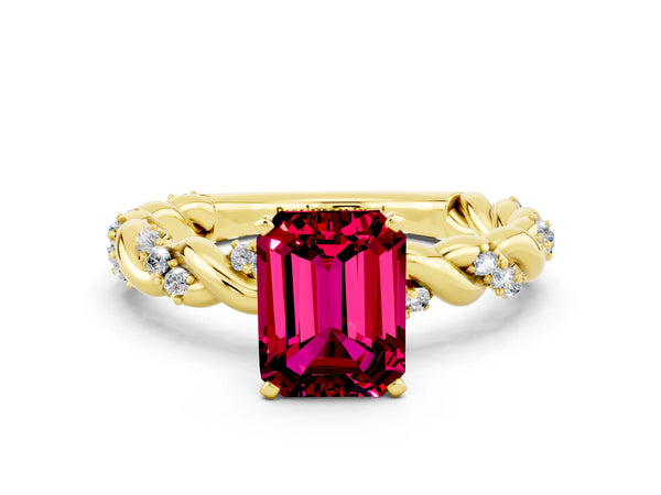 Yellow gold Emerald Cut Garnet Solitaire Ring with Twisted Band and Pavé Accents