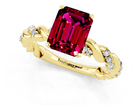 Yellow gold Emerald Cut Garnet Solitaire Ring with Twisted Band and Pavé Accents_1