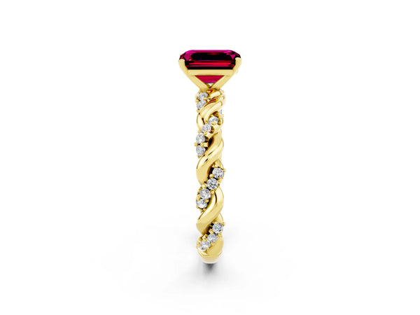 Yellow gold Emerald Cut Garnet Solitaire Ring with Twisted Band and Pavé Accents