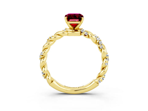 Yellow gold Emerald Cut Garnet Solitaire Ring with Twisted Band and Pavé Accents_3