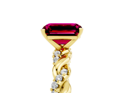 Yellow gold Emerald Cut Garnet Solitaire Ring with Twisted Band and Pavé Accents_5