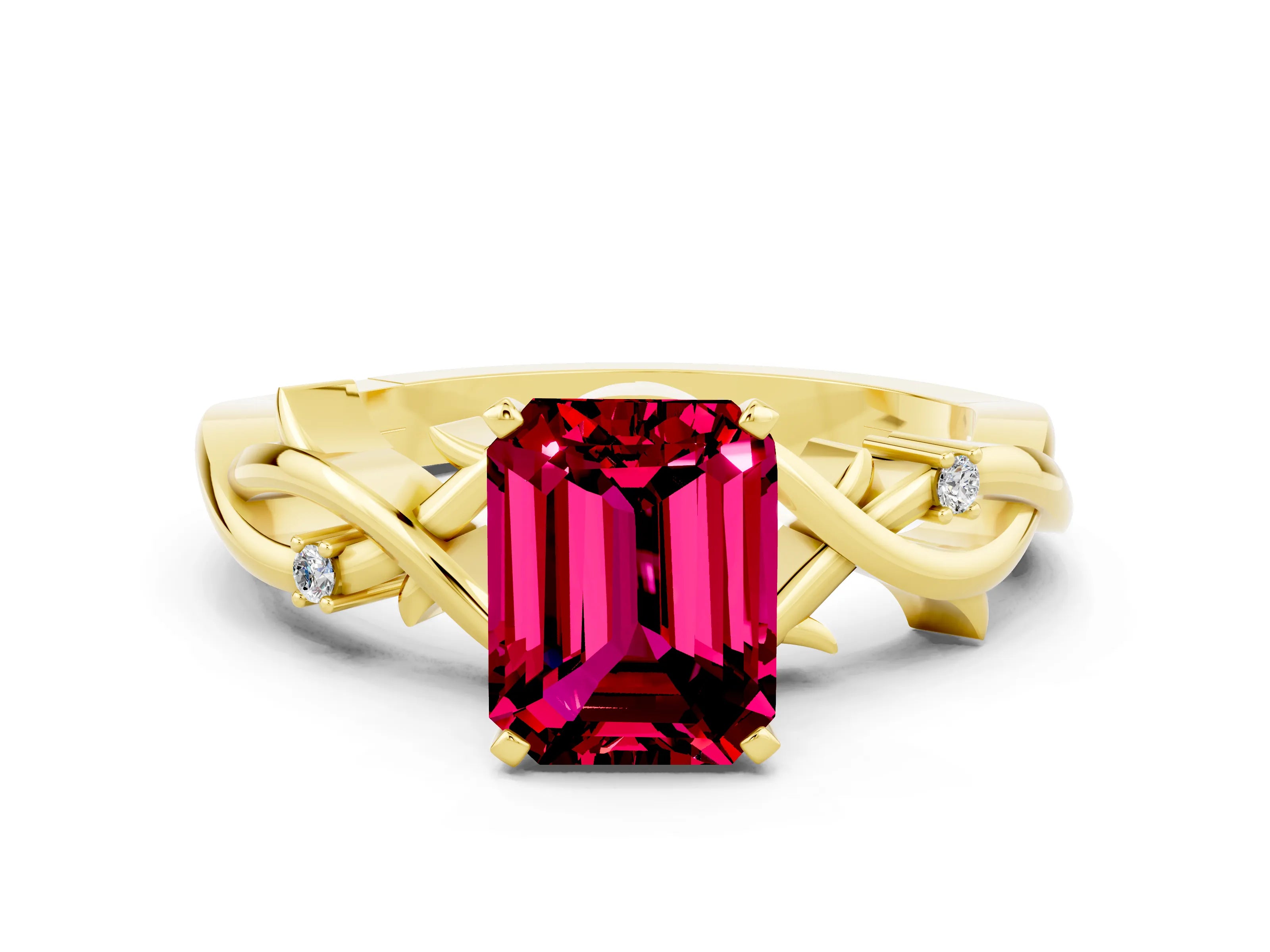 Yellow gold Emerald Cut Garnet Solitaire Ring with Twisted Band and Prong Setting