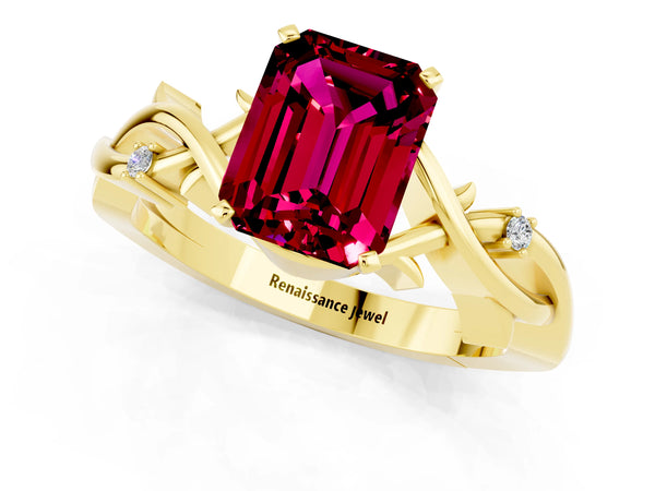 Yellow gold Emerald Cut Garnet Solitaire Ring with Twisted Band and Prong Setting