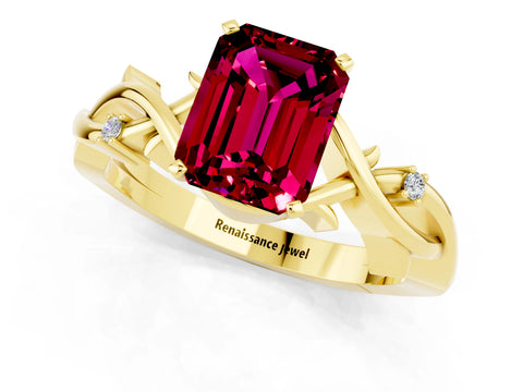 Yellow gold Emerald Cut Garnet Solitaire Ring with Twisted Band and Prong Setting_1
