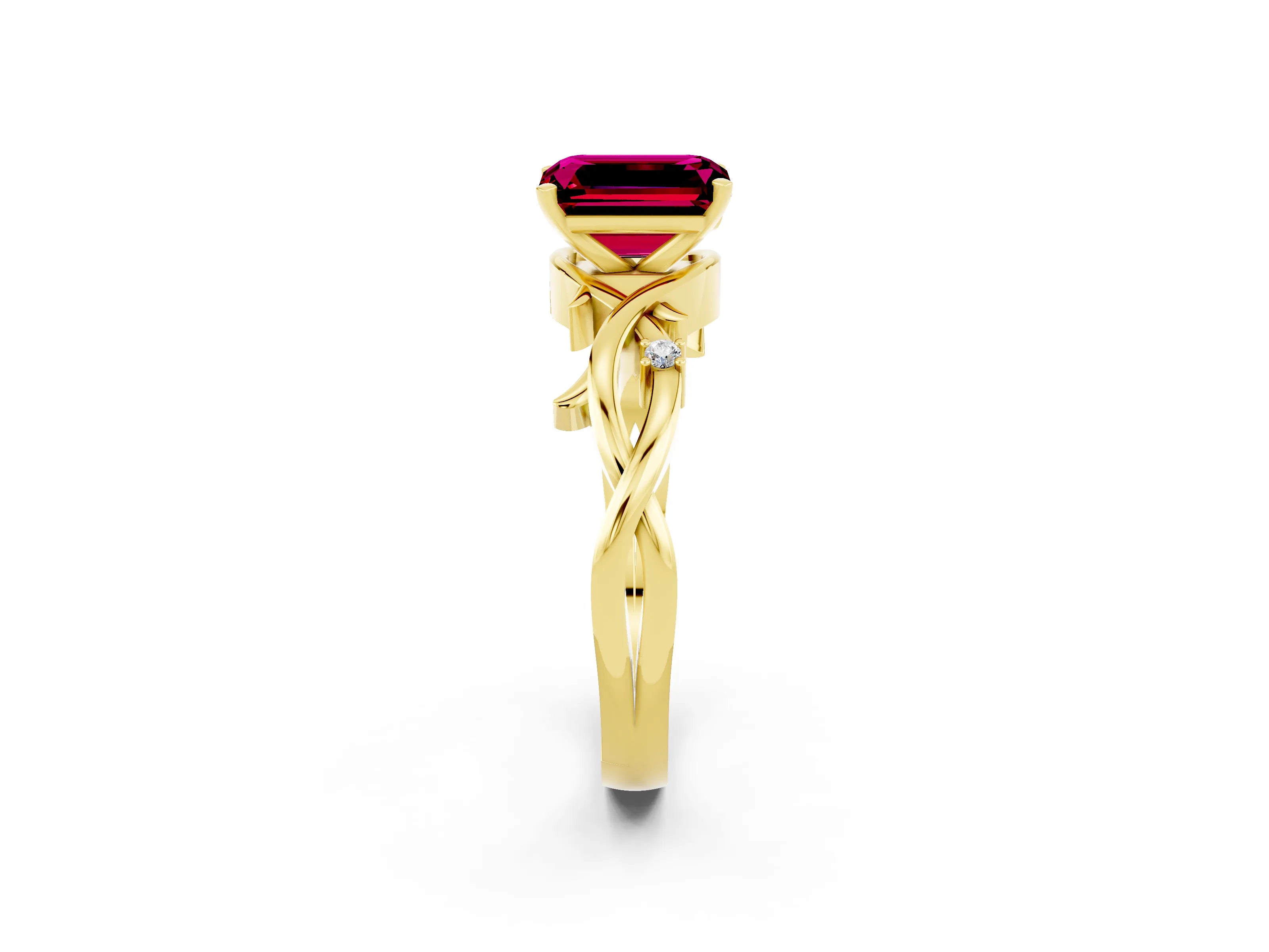 Yellow gold Emerald Cut Garnet Solitaire Ring with Twisted Band and Prong Setting_2