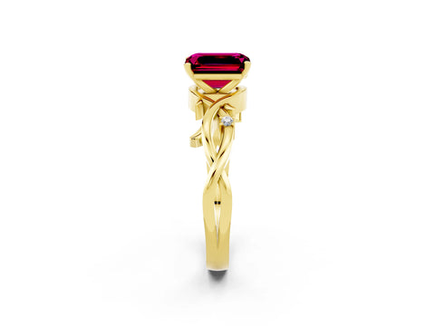 Yellow gold Emerald Cut Garnet Solitaire Ring with Twisted Band and Prong Setting_2