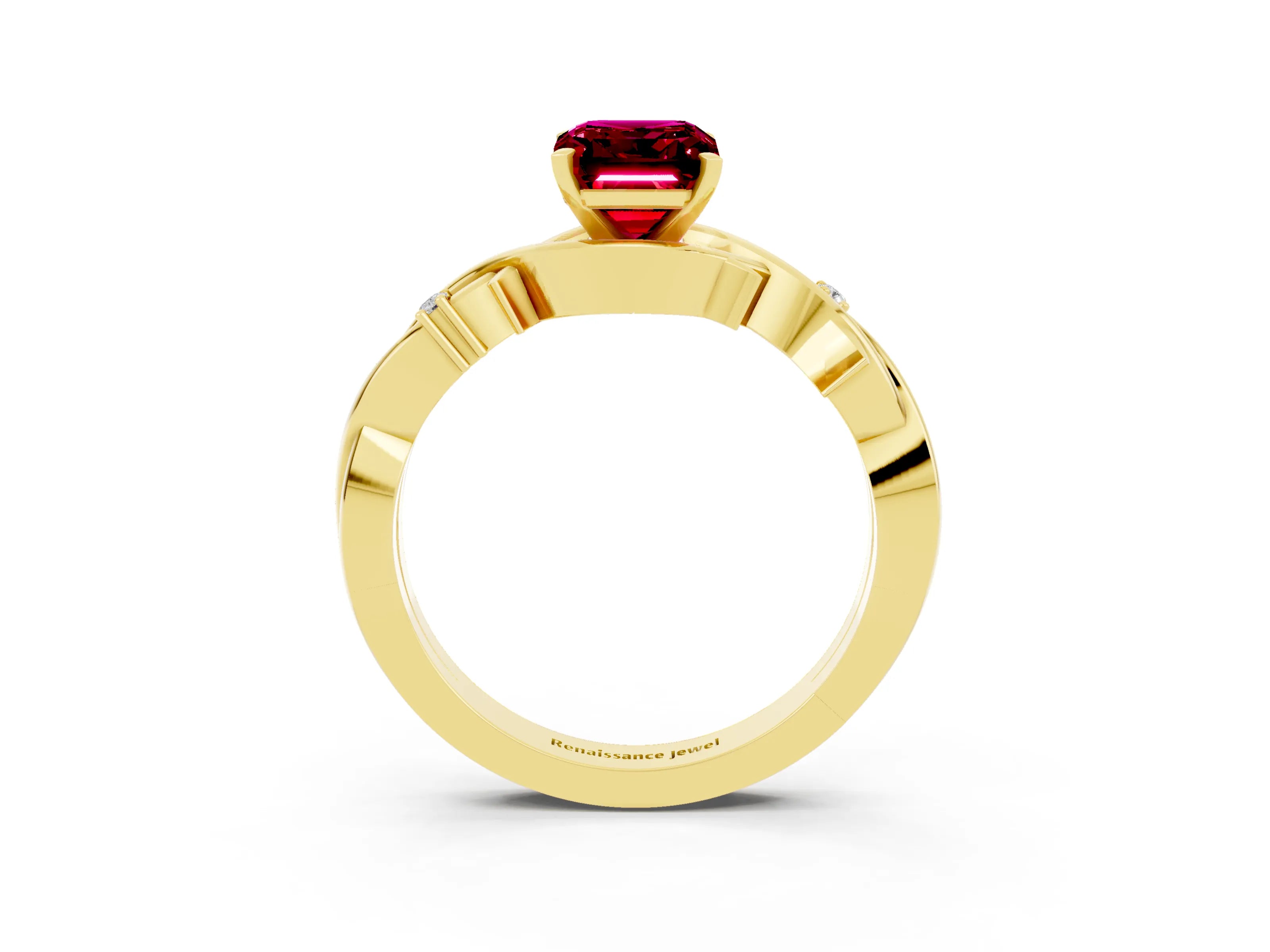 Yellow gold Emerald Cut Garnet Solitaire Ring with Twisted Band and Prong Setting_3