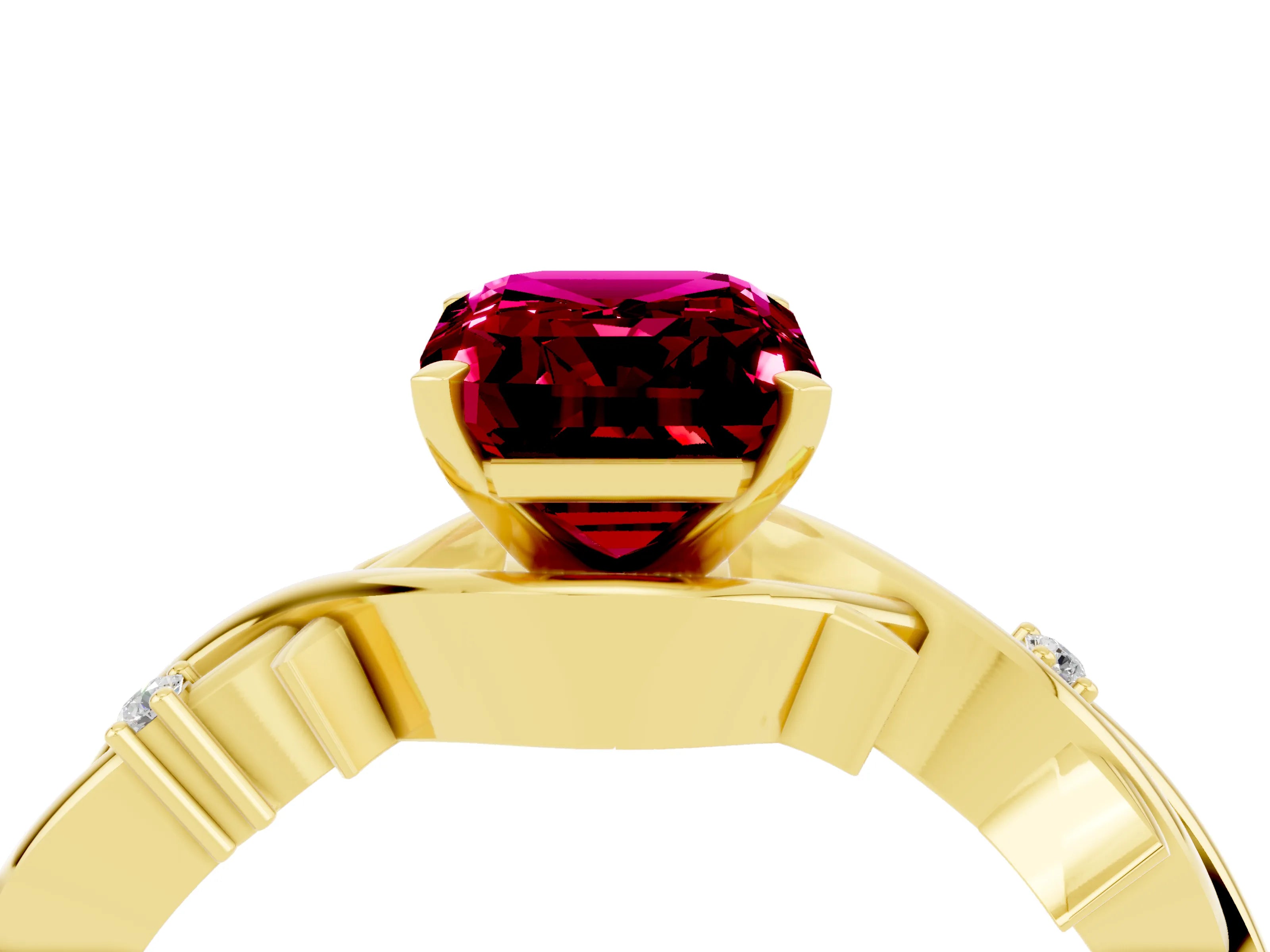 Yellow gold Emerald Cut Garnet Solitaire Ring with Twisted Band and Prong Setting_4