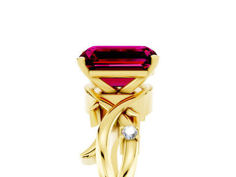 Yellow gold Emerald Cut Garnet Solitaire Ring with Twisted Band and Prong Setting_5