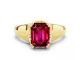 Yellow gold Emerald Cut Garnet Solitaire Ring with Wide Band and Prong Setting