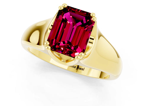 Yellow gold Emerald Cut Garnet Solitaire Ring with Wide Band and Prong Setting_1
