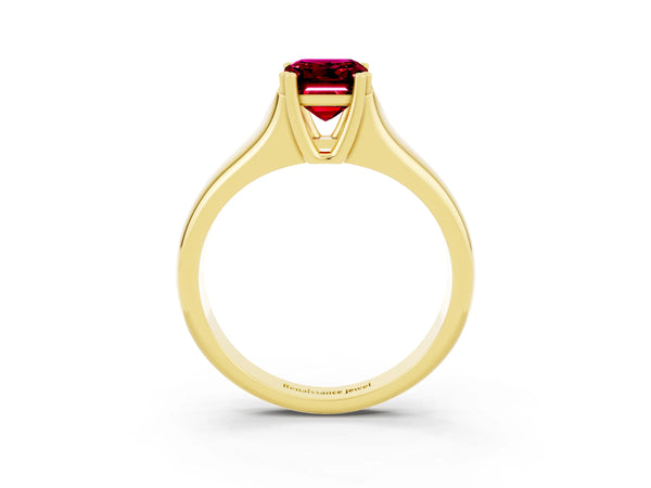 Yellow gold Emerald Cut Garnet Solitaire Ring with Wide Band and Prong Setting