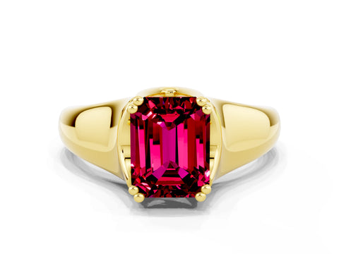 Yellow gold Emerald Cut Garnet Solitaire Ring with Wide Band and Prong Setting