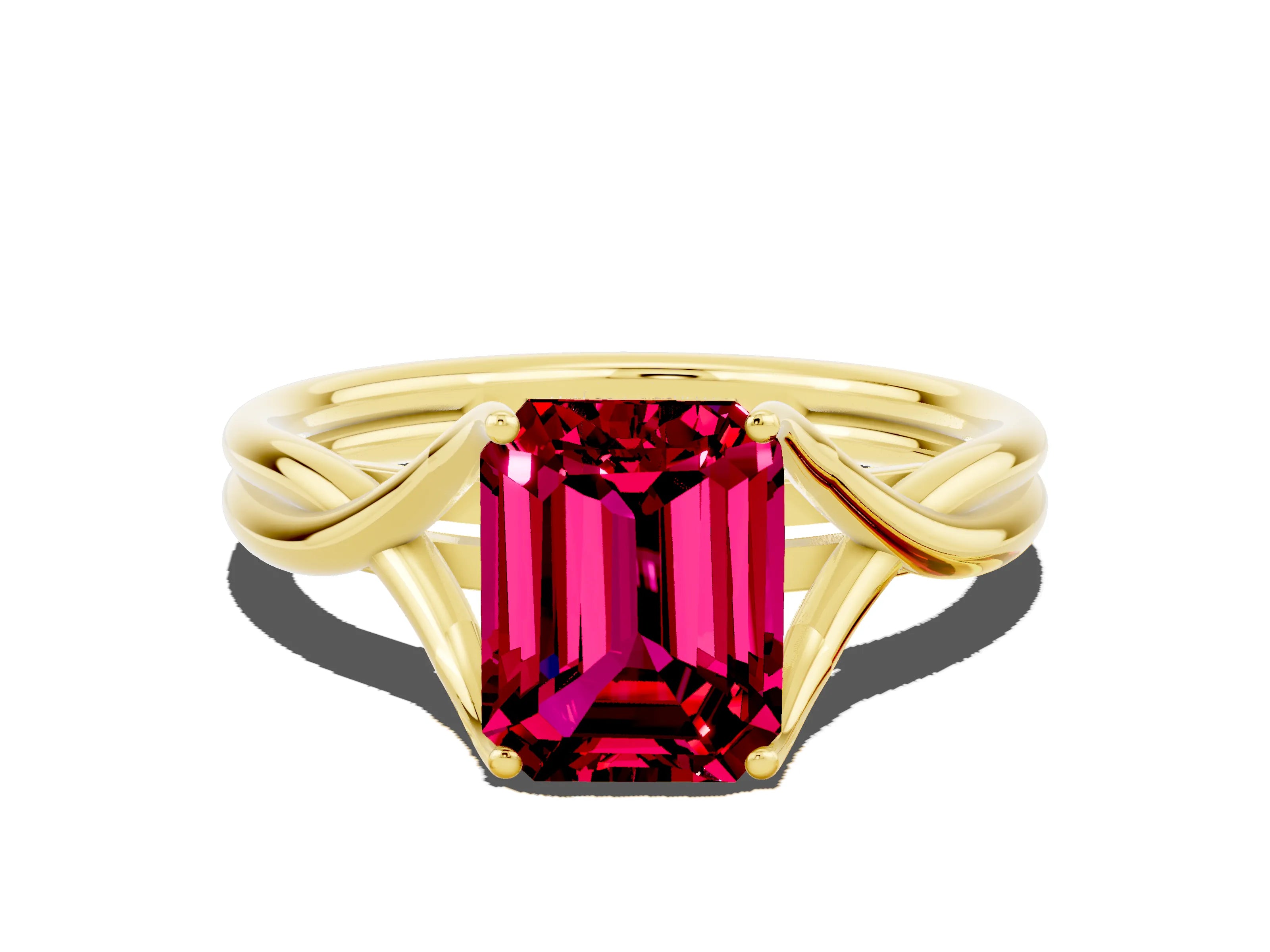 Yellow gold Emerald Cut Garnet Solitaire Twist Band Prong Setting Ring_48