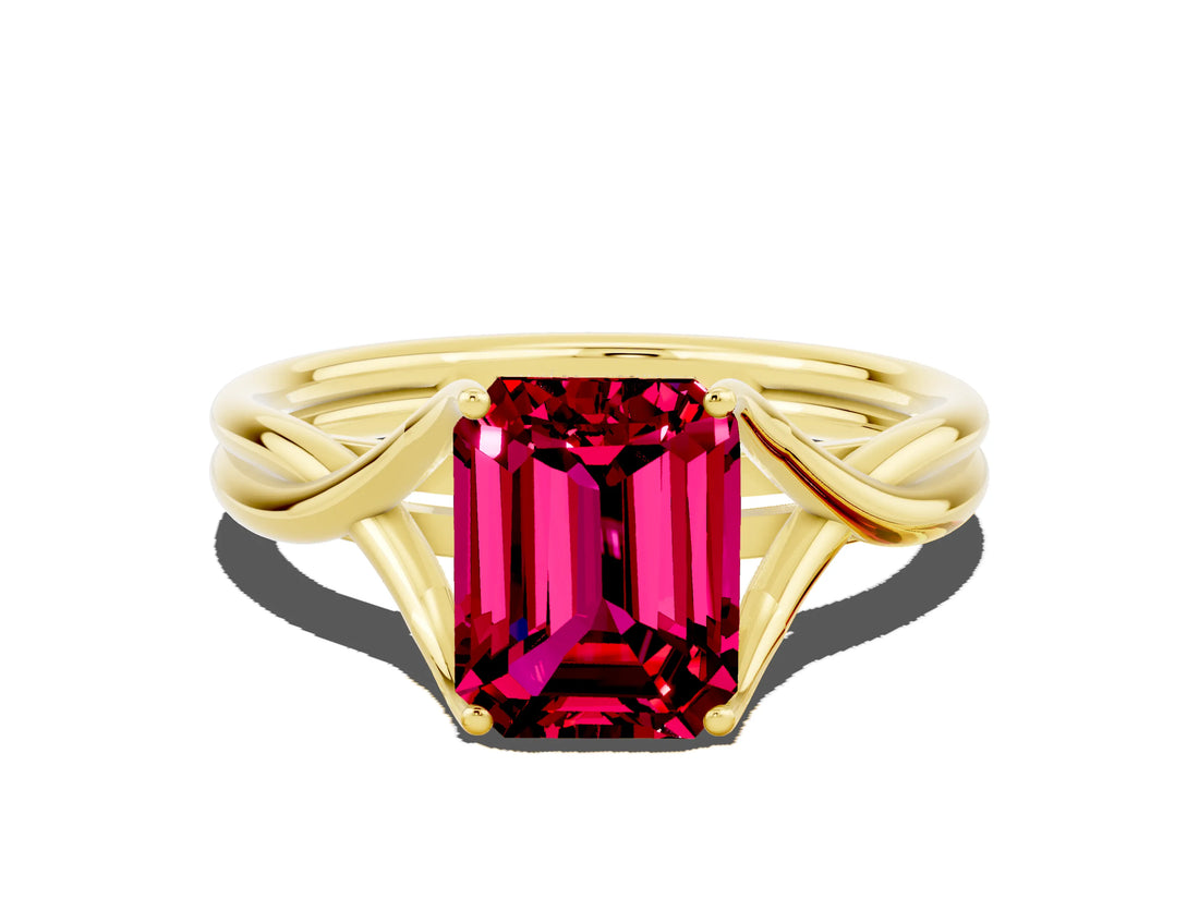 Yellow gold Emerald Cut Garnet Solitaire Twist Band Prong Setting Ring_48