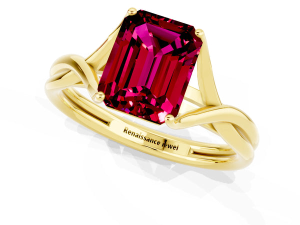 Yellow gold Emerald Cut Garnet Solitaire Twist Band Prong Setting Ring