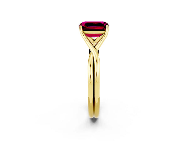 Yellow gold Emerald Cut Garnet Solitaire Twist Band Prong Setting Ring