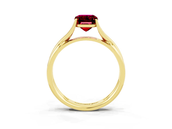 Yellow gold Emerald Cut Garnet Solitaire Twist Band Prong Setting Ring