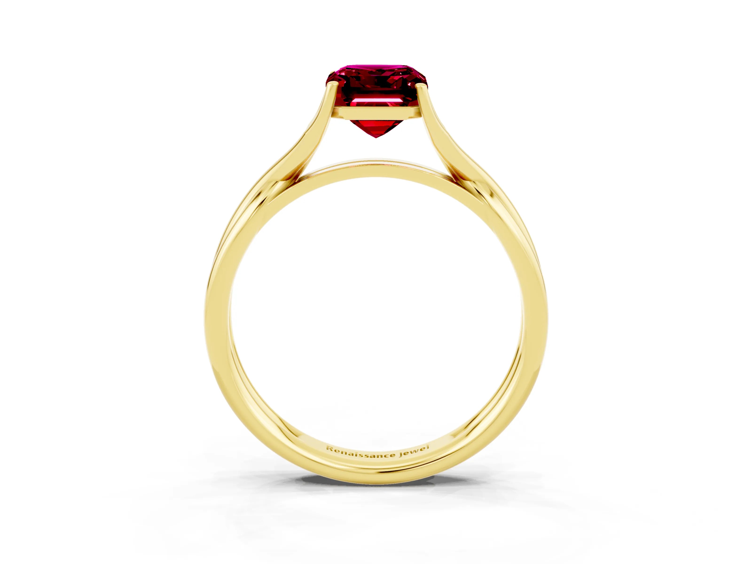 Yellow gold Emerald Cut Garnet Solitaire Twist Band Prong Setting Ring_52