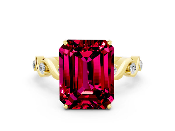 Yellow gold Emerald Cut Garnet Solitaire Twisted Band with Round  Accents and Prong Setting