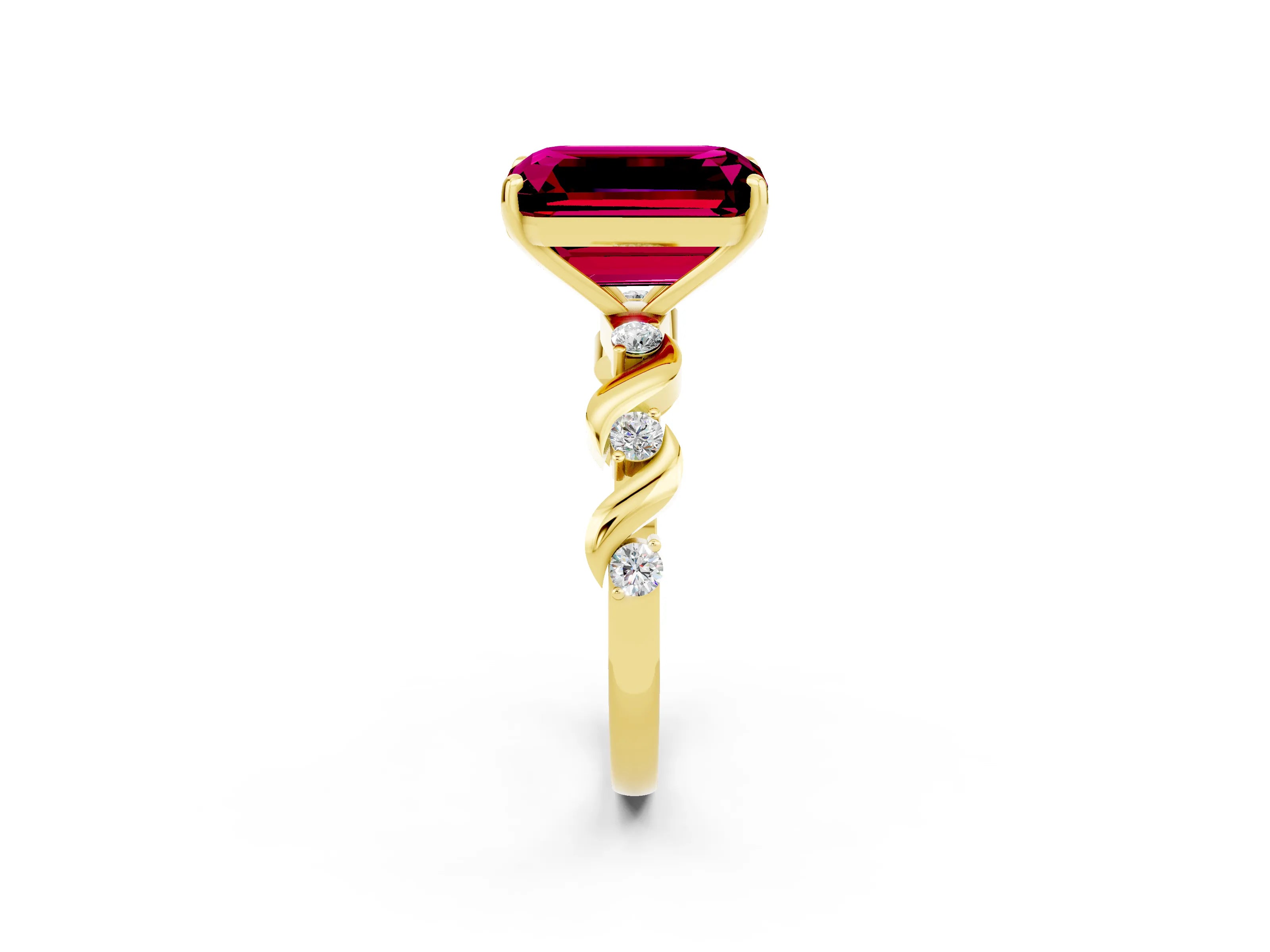 Yellow gold Emerald Cut Garnet Solitaire Twisted Band with Round  Accents and Prong Setting_14