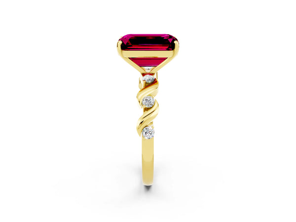Yellow gold Emerald Cut Garnet Solitaire Twisted Band with Round  Accents and Prong Setting